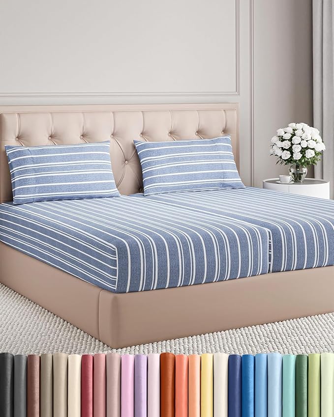 Split King Size 5 Piece Sheet Set - Comfy Breathable & Cooling Bed Sheets Set - Hotel Luxury Bedding for Women, Men, Kids, Teens, Boys & Girls - Deep Pockets & Wrinkle Free - Oeko-Tex - Blue Stripes 3