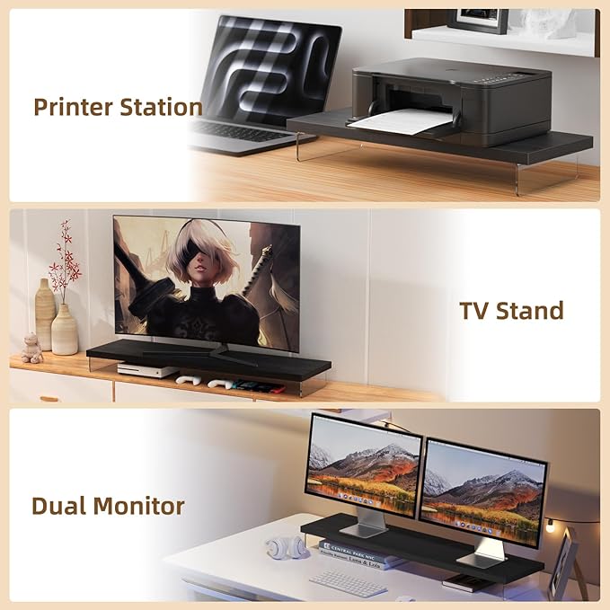 SSWOOD Monitor Stand Riser, Wood & Acrylic Computer Monitor Stand Desk Desktop Organizer Table for Home, Office Workspace, Laptop Riser, Printer, PC & TV Screen Riser