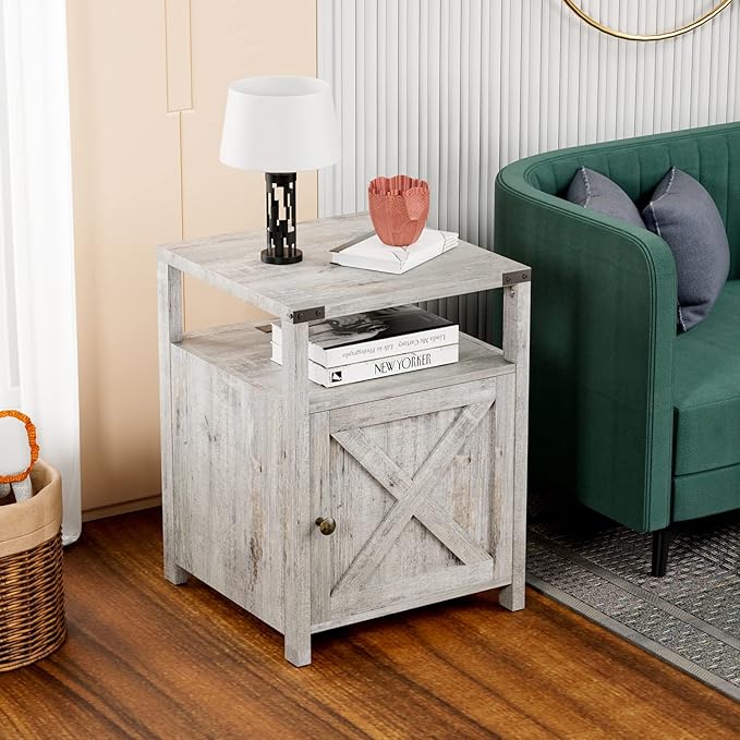HOSEOKA Farmhouse Nightstand with Charging Station, Grayish White End Table Bedroom with Storage Living Room Side Table Beige Night Stand Industrial Bedside Bed Table with USB Ports and Outlets