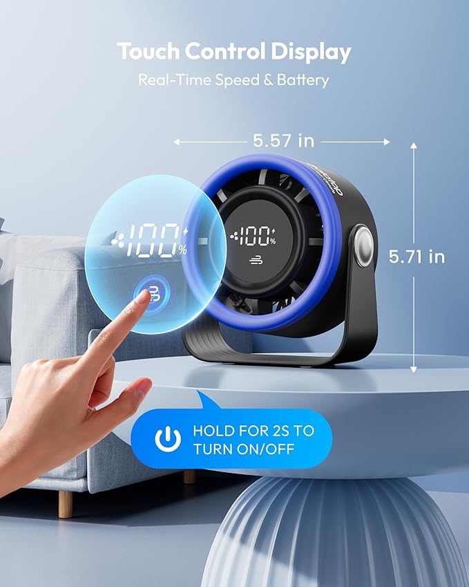Gaiatop Small Desk Fan Rechargeable, 5in Personal Fan 4000mAh Battery Powered, Touch Control LED Display, 360° Tilt, 5-Speed Strong Wind, Bedroom Dorm Office Desk Accessories, Gifts for Women Men