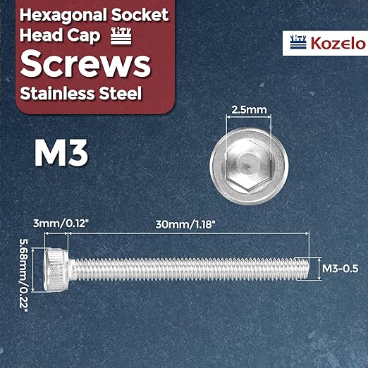 Kozelo 50pcs Socket Head Cap Screws - [M3-0.5 x 30mm] 304 Stainless Steel Allen Socket Drive for Electrical Motor 3D Printing Fan Engine Replacement Use, Silver