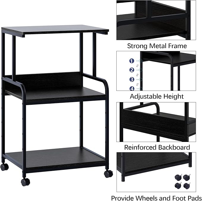 Arbuxzuy Printer Stand with Storage Shelf,3 Tier Printer Cart with Wheels,Mobile Printer Table for Home Office,Stands for Heat Press Scanner Fax,Industrial Style (Black)