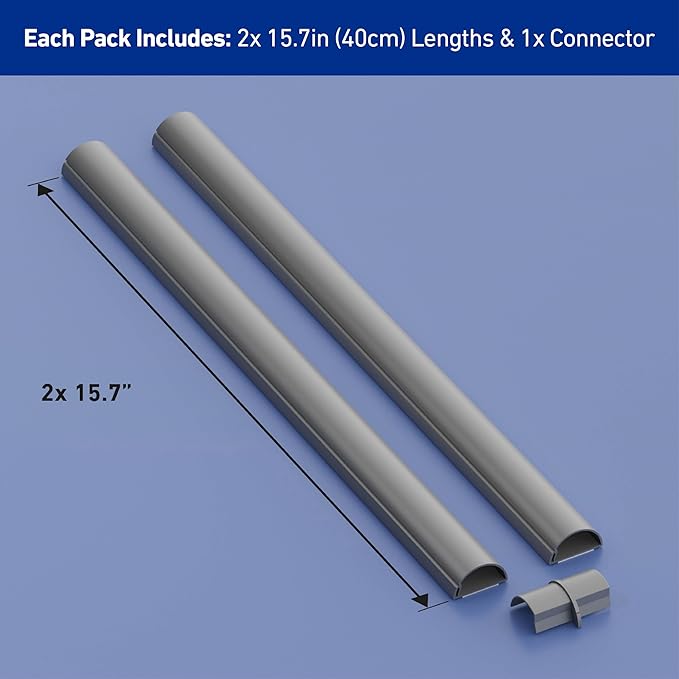 D-Line 31.4in TV Cord Hider, Patented Half Round Cable Cover, Hide Wall Mount TV Wires, Hinged One-Piece Cable Concealer, Adhesive, Decorative Raceway - 2X 1.18in W x 0.59in H x 15.7in L - Gray