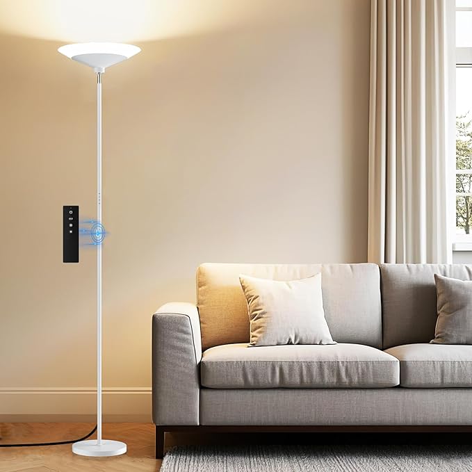 SIBRILLE White Torchiere Floor Lamp - 30W Dimmable LED Standing Lamp with Remote/Button Control, 1800Lm, 3000-6500K, 72in Bright Standing Pole Light for Living Room Bedroom Office Corner