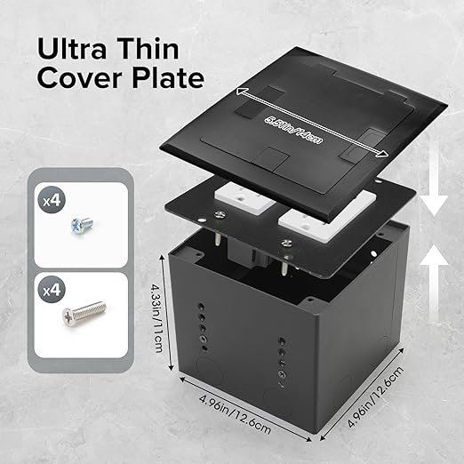 Vagueior Recessed Flat Hidden Floor Electrical Outlet Box Kit,Stainless Steel Cover with 4 * 20A Tamper-Resistant Receptacle Outlet and 5V/4.8A USB Port,UL Certified,Black