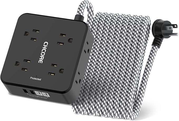 Surge Protector Power Strip - CHCORE 20Ft Braided Extension Cord with 8 Outlets with 4 USB (2 USB C) Charging Ports, Flat Plug Multi Plug Outlet Extender Charging Station for Home Office, ETL, Black