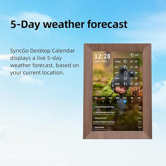 SyncGo 10.1 Inch Smart Wi-Fi Digital Calendar (Wood Grain) - Displays Your Photos, Wi-Fi Sync with Google Calendar, Wide Angle HD View