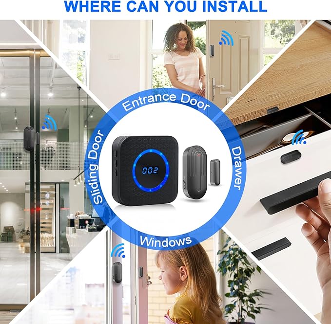 Wireless Door Chime for Business When Entering Door Alarm with 55 Chimes 5 Volume Levels Door Sensor Alert for Home with Number Display(2 Receiver & 3 Sensor)