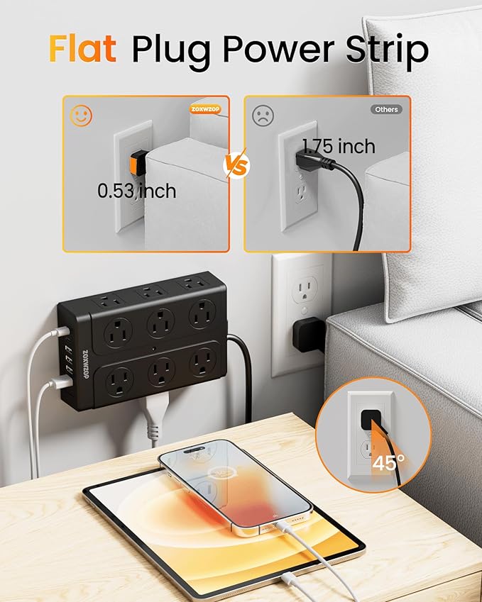 Zoxwzop Surge Protector Power Strip – 10FT Extension Cord with 12-Outlet 4 USB-A & 2 USB-C Ports, 1850W/15A, Flat Plug, Wall Mountable – ETL Listed for Home, Dorm Room