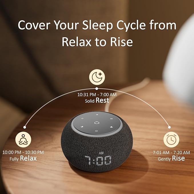 Hotmoon Alarm Clock with Sound Machine for Sleep, Luna Pro Dual-Stage Alarm, 507 Non Looping Sounds, Smart Night Light & Timer, Pink Green Brown White Noise Machine for Sleeping Adult Office Plug in