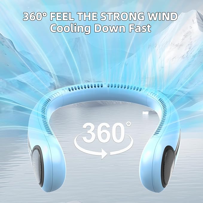 Kinhowly Portable Neck Fan,Hands Free Personal Wearable Bladeless Fan,6000mAh USB Rechargeable,360° Cooling,LED Display,4-Speeds,Birthday Gifts for Men Women Dad Mom,Valentines Day Gifts (Light blue)