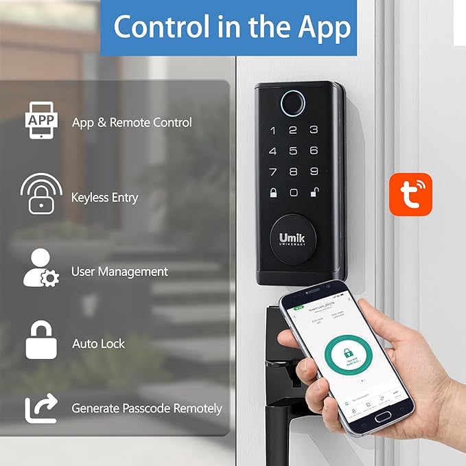 UMIK UMIKSMART Fingerprint Door Lock with Handle Set, Keyless Entry Smart Door Lock, Electronic Keypad Deadbolt Locks, App Control for Front Door, Home (Matte Black in Zinc)