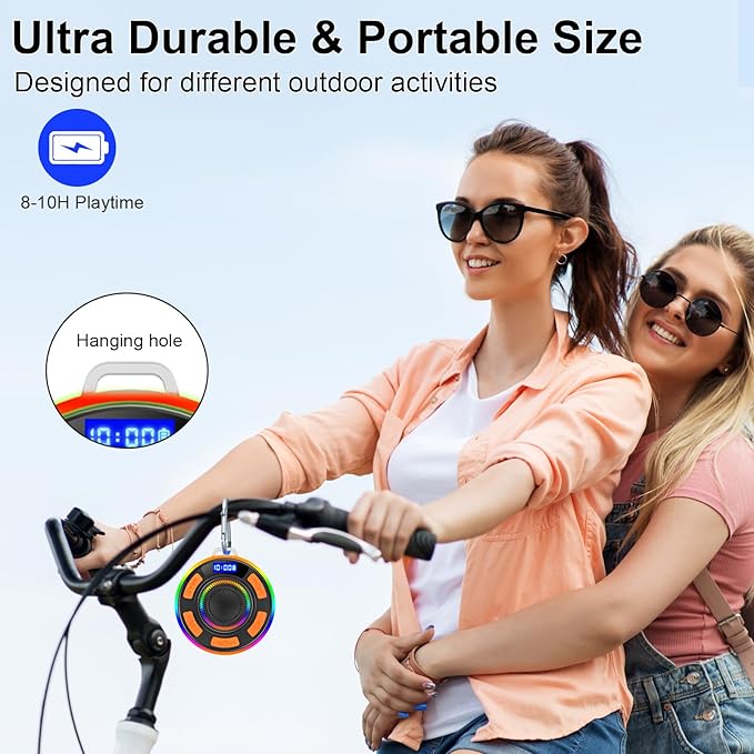 IPX7 Waterproof Shower Bluetooth Speaker, Portable Small Speaker with Suction Cup and Time Display, Loud Crystal Sound & Bass 10H Playtime 1100mAh, Shower Speakers for Pool, Beach Christmas Orange