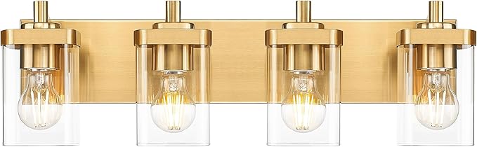 METWET Bathroom Light Fixtures, 25" Brushed Gold Vanity Light, 4-Light Modern Wall Sconces with Square Clear Glass Shade, Vanity Lighting Fixtures Over Mirror, VL194-BG-4