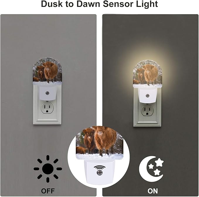 sndheke Highland Cow Night Light for Kids, Winter Wild Animals Night Light Plug in with Dusk to Dawn Sensor, 0.5w Energy Saving Sleep Friendly Nightlight for Hallway Stairway Kitchen Bedroom