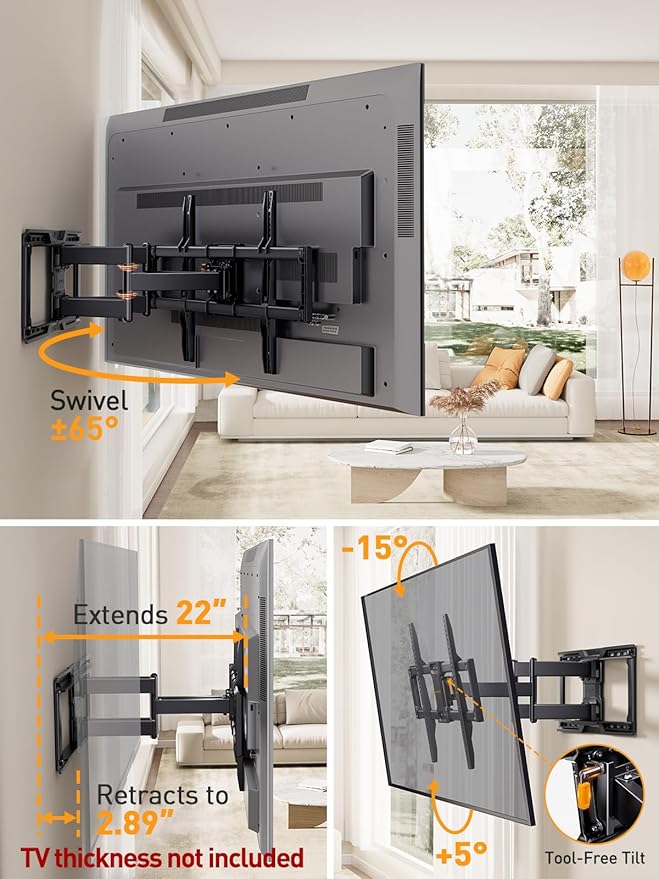 Perlegear UL-Listed Full Motion TV Wall Mount for 42–90 Inch TVs up to 150 lbs, Pre-Assembled TV Mount with Tool-Free Tilt, Swivel, Extension, Max VESA 600 x 400mm, 12″/16″/18″/24″ Wood Studs, PGLF16