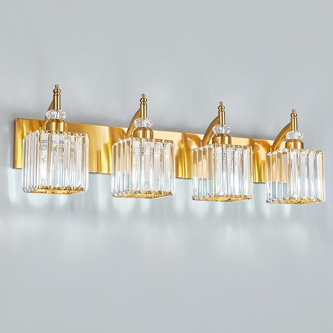 BBLLWJ Modern Bathroom Vanity Light 4-Light Gold Crystal Light Fixtures Over Mirror for Bathroom Wall Sconce