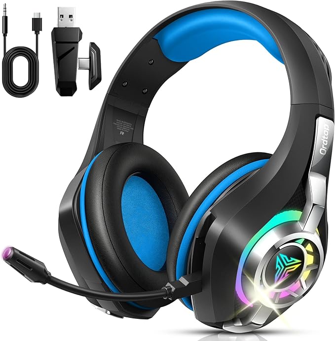 Ordtop 2.4GHz Wireless Gaming Headsets for PS5/PS4/Switch, 2026 RGB Noise Cancelling Over-Ear Headphones with 7.1 Surround Sound, 40mm Drivers, 276g Ultraligero, Memory Foam, 45H Gaming Headphones