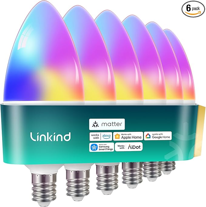Linkind Matter Smart Bulbs, E12 Led Bulb Works with Alexa/Apple Home/Google Home, Smart Light Bulbs, WiFi Candelabra B11 Bulbs, RGBTW Color Changing Light Bulb, 2.4Ghz WiFi Bulb, 470 LM 6Pack
