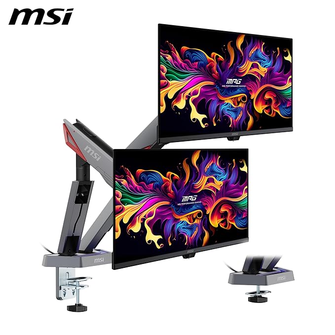 MSI MPG MT161DR - Premium RGB Dual Monitor Stand Arms, 17-38" Support, VESA Compatible, Adjustable Spring Assisted Mount, 35.2 lbs per Screen Capacity, Clamp & Grommet, Quick Release Plate - Black