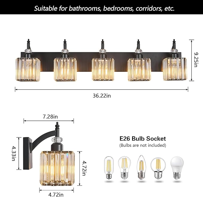 BBLLWJ Crystal Vanity Lights - Black 5 Light Modern Bathroom Vanity Light Fixtures Over Mirror