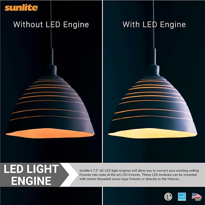 Sunlite 88479 7.3-Inch AC LED Light Engine Module, 15 Watts (100W=), 1350 Lumens, Color Selectable 30K/40K/50K, Dimmable, 50,000 Hours Life Span, 120v, ETL Listed
