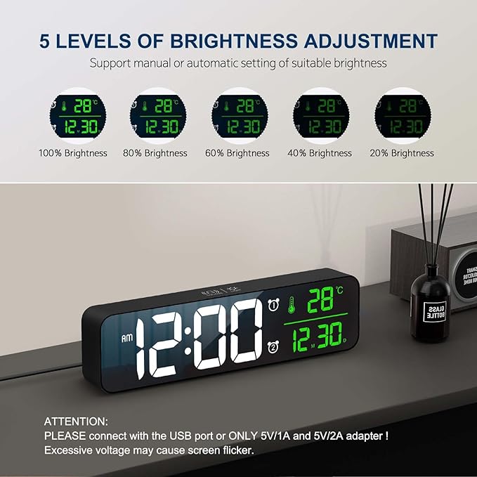 Hournor Digital Clock for Bedroom, Digital Wall Clock for Living Room Decor, Desk Table Clocks, Digital Clock Large Display, Bedroom Smart Alarm Clock for Office Green