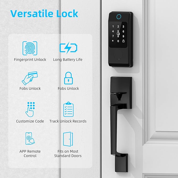 Miuedo WiFi Smart Locks for Front Door with Handle Sets, Keyless Entry Door Lock Fingerprint Deadbolt, Electronic Digital Touchscreen keypad, App Control, Easy to Install (Black)