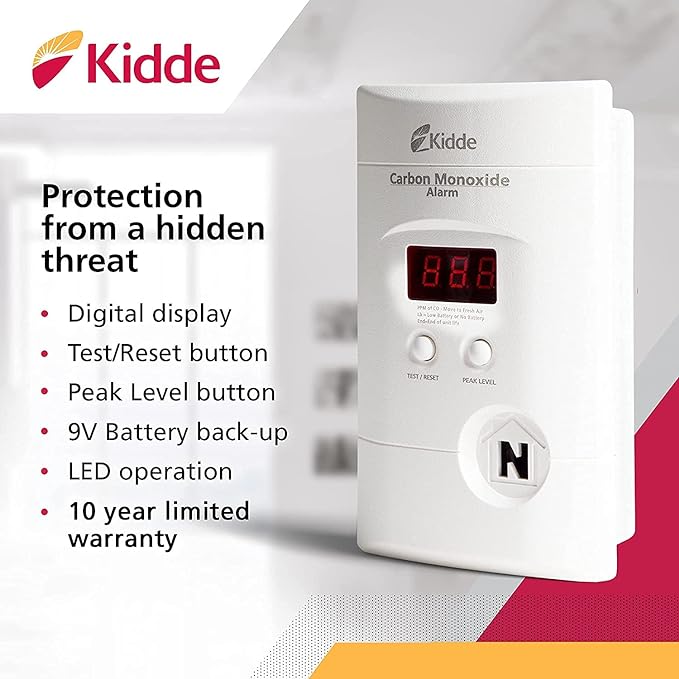 Kidde Carbon Monoxide Detector, Plug In Wall with 9-Volt Battery Backup, Digital LED Display - 4 Pack