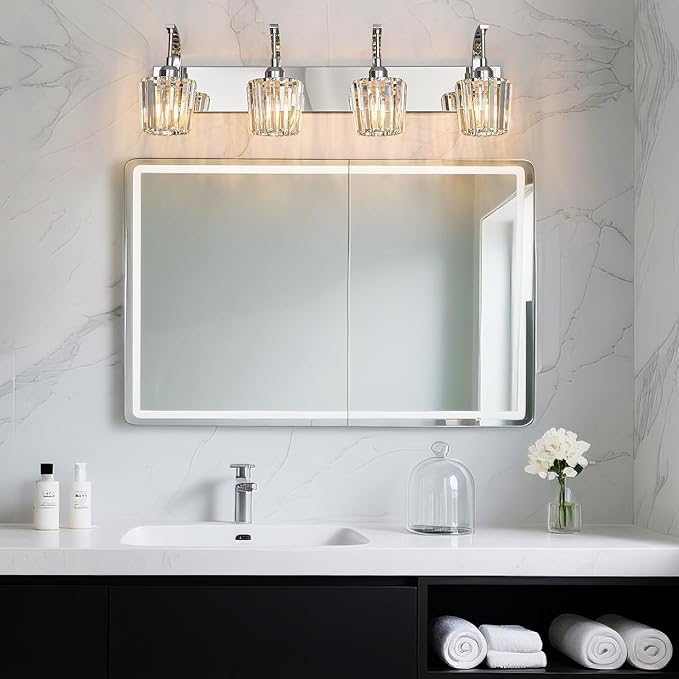 FDPBY Modern Bathroom Vanity Light, 4-Light Chrome Wall Sconce with Crystal Accents, Over Mirror Bathroom Lighting Fixture, 32.67" Long Dimmable Vanity Lamp for Makeup, Easy Installation