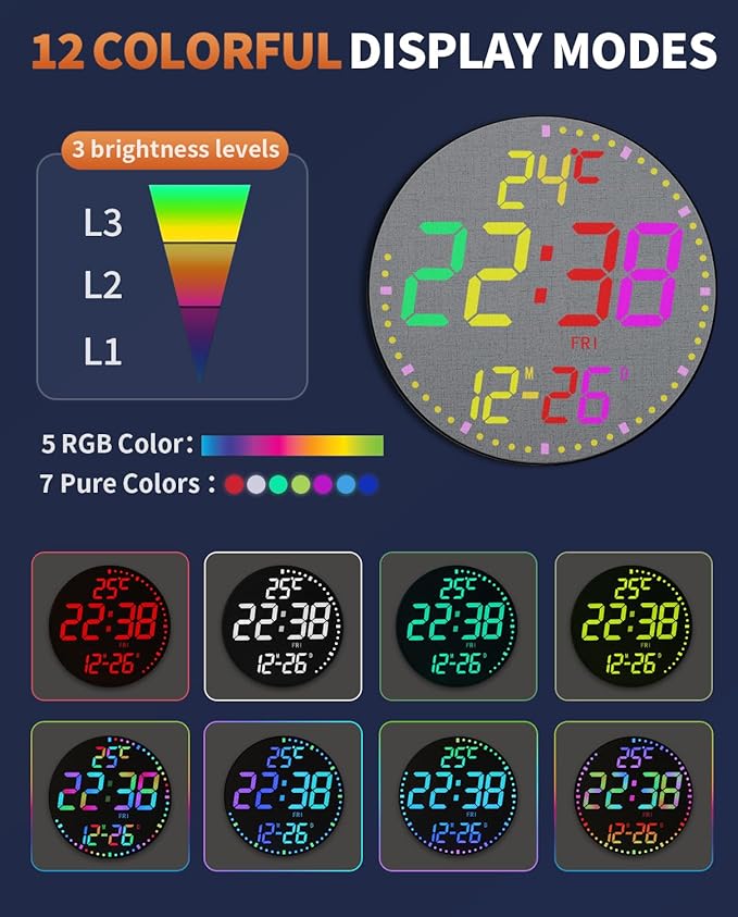 GLOKUUCA 12" Large Digital Wall Mount Clock, Count Down Timer, Alarm, Big LED, 12 RGB Color, Temperature for Living Room Classroom Desk, Xmas, Birthday Gift for Senior Mom (Fabric Elements)