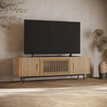 POVISON Fully-Assembled Mid Century Modern TV Stand for 70 inch TV, Sliding Door Entertainment Center with Storage, Wood TV Console, Media Console for Living Room Bedroom(Oak, 70.87")