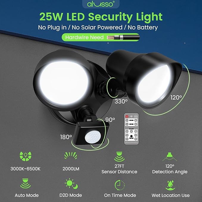 ALUSSO LED Security Lights Motion Sensor, 25W 2000LM Flood Lights Outdoor Motion Sensor with Remote, Dimmable Brightness 3000K-6500K CCT IP65 Security Light ETL Listed for House Garage Yard, 2 Pack