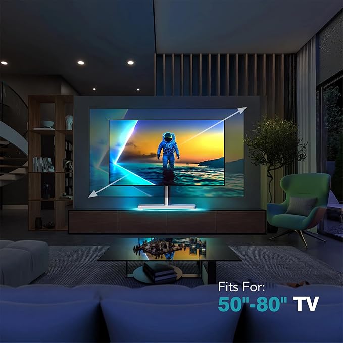 LLDEPLL Universal TV Stand Tabletop TV Mount with Power Outlet for 50-90 Inch OLED LED Monitors, 9 Levels Height Adjustment, Ambient Lighting on The Bottom Holds up to 150lbs, White Max Vesa 600x400mm