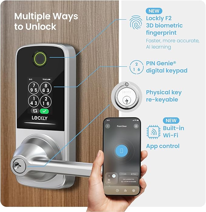 Lockly Smart Lock Secure Pro (2026 Latest Version),Fingerprint Door Lock, Keyless Entry, Built-in Wi-Fi Latch, PIN Genie Keypad (Silver)