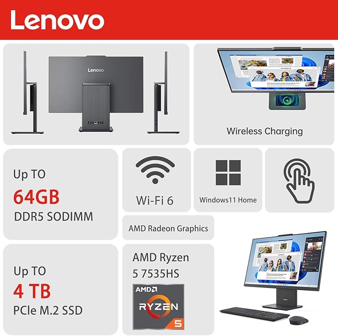 Lenovo IdeaCentre Business All-in-One, 27" FHD Touchscreen 100Hz, AMD Ryzen 5 7535HS, 32GB DDR5 RAM, 2TB SSD, Webcam, Wireless KB & Mouse, Windows 11 Home, Bundle with Adata 64GB USB Flash Drive