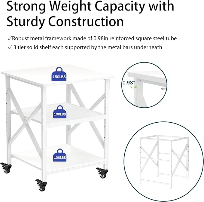 Printer Stand, 23.6 x 23.6 Inches Large Printer Stand with Adjustable Storage Shelf, 3 Tier Printer Table for Home Office, Rolling Printer Cart with Industrial Wheels, Mini Fridge Stand Table, White