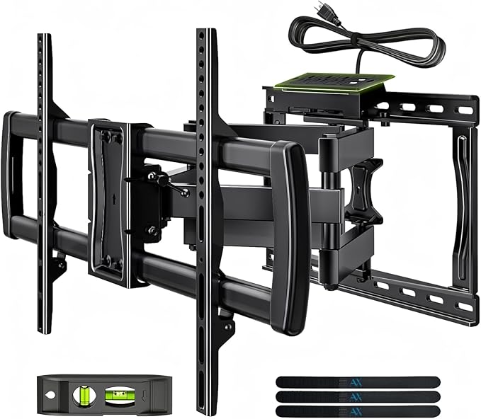 Full Motion TV Wall Mount Bracket with Power Outlet for Most 32-85 inch TV,TV Mount Dual Articulating Arms,Tilt/Swivel/Extension/Leveling,Fits 8” 12” 16" Studs,Max Vesa 600x400mm, Holds up to 132lbs