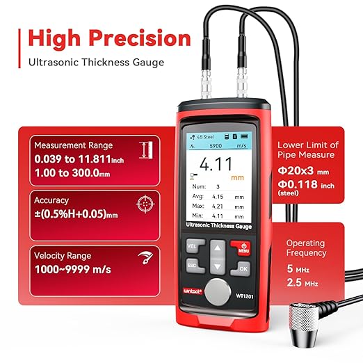 Wintact Digital Ultrasonic Thickness Gauge, Range 0.039 to 11.81 in with Probe for Measuring Metal and Nonmetal Materials, Steel, Cylinder Wall, Plastic, Glass, PVC, Pipes (WT1201)