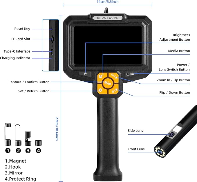 5" Dual-View Handle Endoscope Camera,2MP Front&Side Lens,IP67 Waterproof 5M Semi-Rigid Cable,360° Probe Control,4-Level LED,3X Zoom,Video&Photo Recording,Inspection Camera for Industrial Use,32GB Card