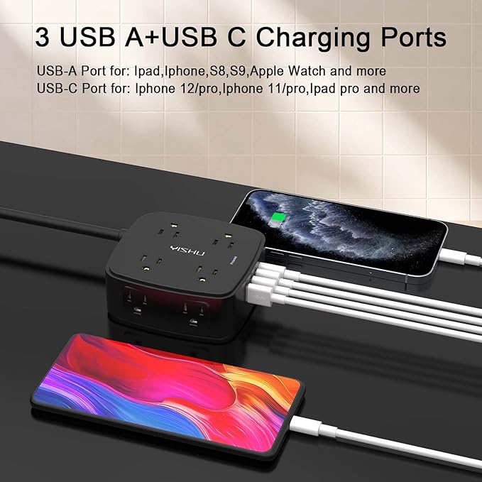 10 Ft Surge Protector Power Strip - 8 Widely Outlets with 4 USB Ports, 3 Side Outlet Extender with 10 Feet Extension Cord, Flat Plug, Wall Mount, Desk USB Charging Station, ETL, Black