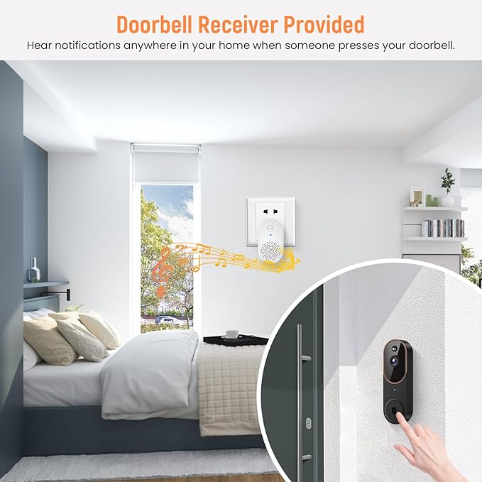 GridTera 1080p Wireless Video Doorbell Camera, AI Human Detection, Live View, Night Vision, Cloud Storage, 2.4G WiFi, Battery Powered, Indoor Outdoor Surveillance (Comes with Doorbell Receiver)