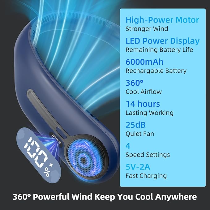 Portable Neck Fan,Hands Free Personal Wearable Bladeless Fan,6000mAh USB Rechargeable,360° Cooling,LED Display,4-Speeds,Birthday Gifts for Men Women Dad Mom,Valentines Day Gifts for Her Him (Blue)