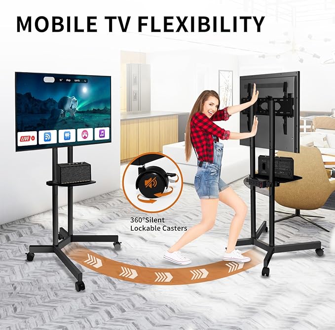 Solid Grace Rolling TV Stand with Power Outlet for 32-75 Inch TVs up to 88lbs, Portable TV Stand with Shelf, Mobile TV Cart for Living Room, Office, Meeting Room, Outdoor(with Power Outlet+Shelf)