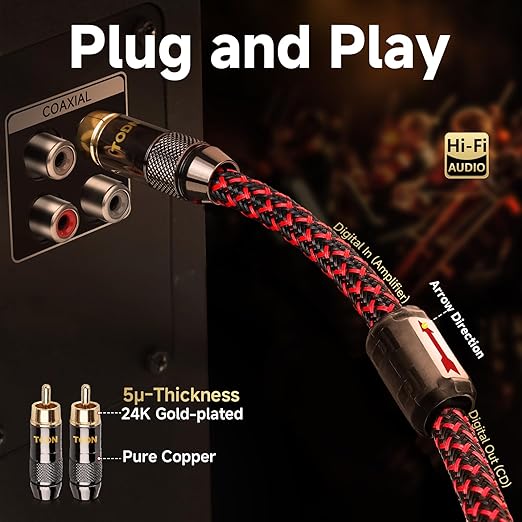TODN HiFi Digital Coaxial Audio Cable for Audiophile 75-Ohm SPDIF Coax Subwoofer Cable RCA to RCA with OFC Core and Shielded (3ft /1m)