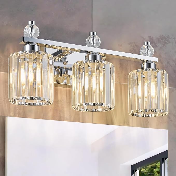 FDPBY Bathroom Vanity Lights 3-Light Chrome Modern Crystal Vanity Light Fixtures Over Mirror Crystal Bathroom Vanity Lighting Fixtures