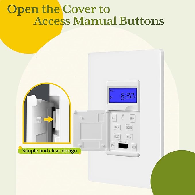 TG 7 Days Digital in-Wall Programmable Timer Switch for Lights, Fans, and Motors, Single Pole, Neutral Wire Required, 18 ON/Off Timer Settings, with Blue Backlight, White