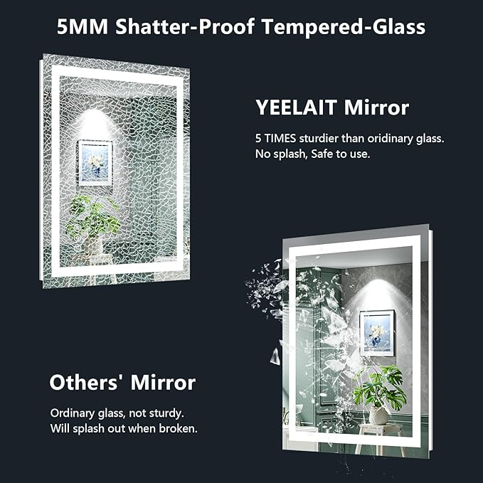 YEELAIT 24x36 Inch LED Bathroom Mirror with Lights Front and Backlit Lighted Vanity Mirror for Bathroom Wall with 3 Colors Dimmable Anti-Fog Memory Shatter-Proof IP54 Waterproof Horizontal/Vertical