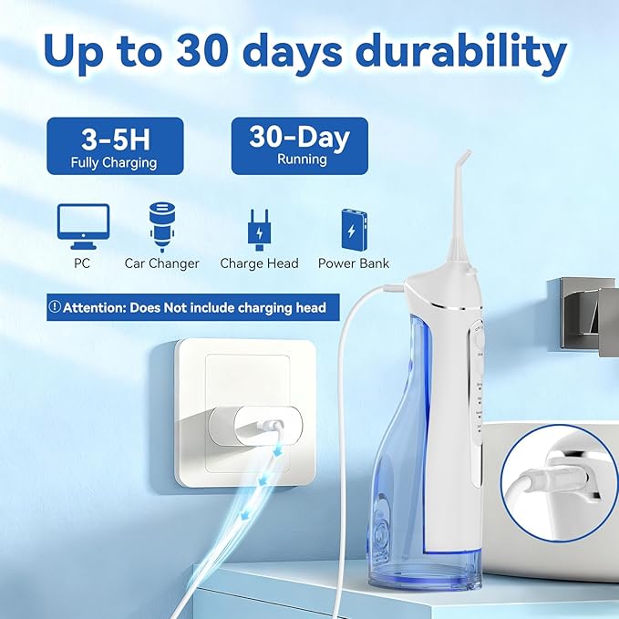 Cordless Portable Water Flosser with 300ML Tank: Rechargeable Oral Irrigator with 5 Tips for Travel, Braces Care and Sensitive Gums, IPX7 Waterproof Teeth Cleaning Device(White)