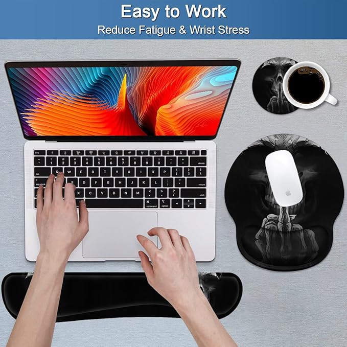 Keyboard Wrist Rest and Mouse Pad Wrist Support Set with Coasters, Non-Slip PU Base Ergonomic Gaming Mousepad for Home Office Working Studying Easy Typing & Pain Relief, Funny Skeleton Skull
